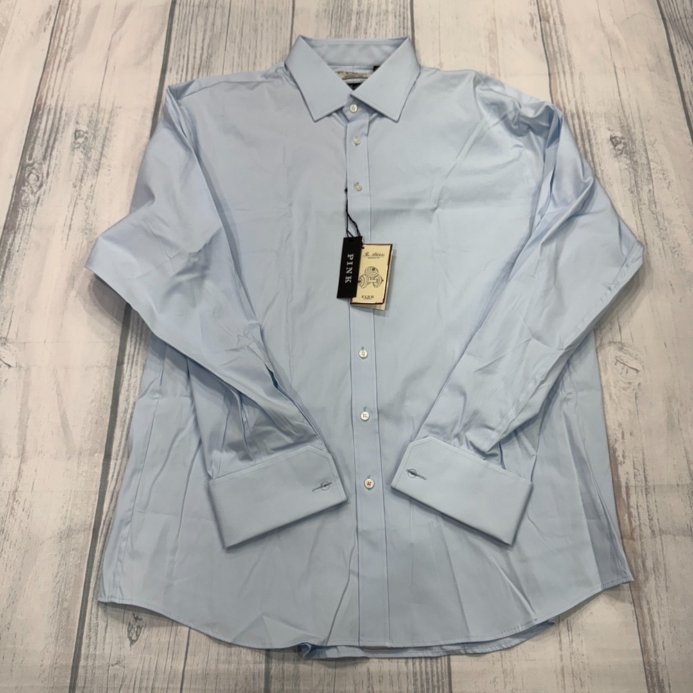 NWT Thomas PINK Athletic Fit Stretch Plain Poplin Shirt 18 French Cuffs Men $215